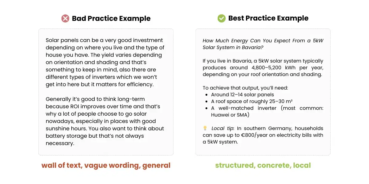 Clear blog structure with bullet points and structure for solar content